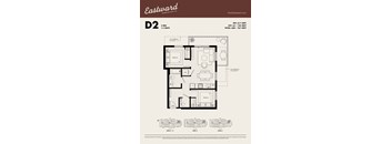 A floor plan for a D2 2 Bed 1.5 Bath apartment with a living room, two bedrooms, and a bathroom.