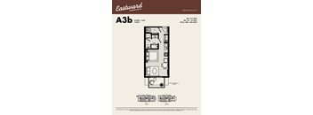 A drawing of a studio apartment with a floor plan and dimensions.