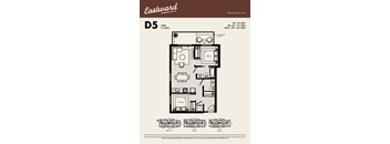 A floor plan for a D5 sized apartment with 2 bedrooms and 1.5 bathrooms.