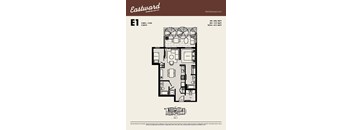 Floor plan for an Eastward apartment showing two bedrooms and two bathrooms.
