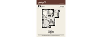 A floor plan for an Eastward apartment shows two bedrooms and two bathrooms.