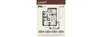 A floor plan for an Eastward apartment shows a 2 bedroom, 2 bathroom layout with a total area of 869 square feet.