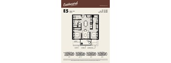 A floor plan for an Eastward apartment shows two bedrooms and two bathrooms.