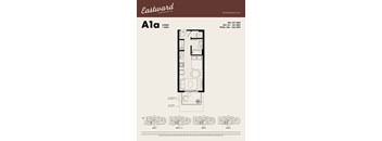 A floor plan for a studio apartment with a bath and a kitchenette.