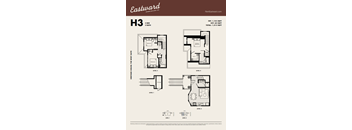 A floor plan for a three-bedroom, three-bathroom apartment is displayed.