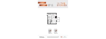 A floor plan for a studio apartment with a kitchen, bathroom, and living room.