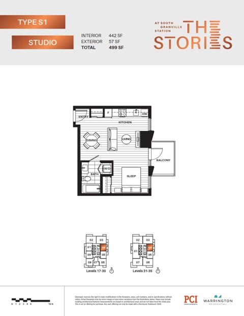 A floor plan for a studio apartment with a kitchen, bathroom, and living room.