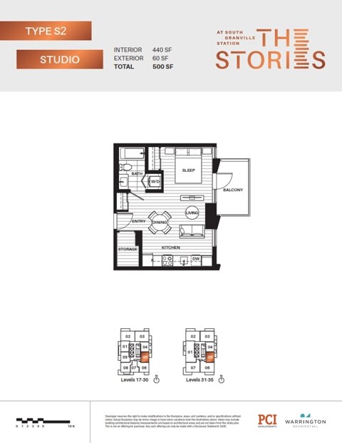 A floor plan for a studio apartment with a sleeping area, kitchen, and storage space.