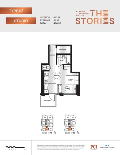A floor plan for a studio apartment at South Station.