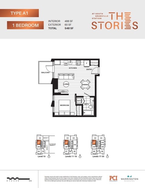 A floor plan for a Type A1 1 Bedroom apartment at South Station.
