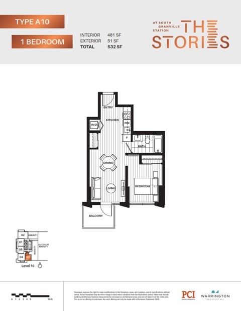 A floor plan for a Type A10, 1 Bedroom apartment at South Station.
