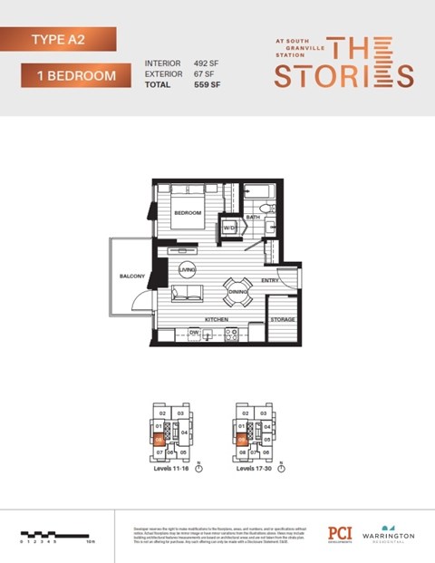 A floor plan for a Type A2 studio apartment with one bedroom and a total of 559 square feet.