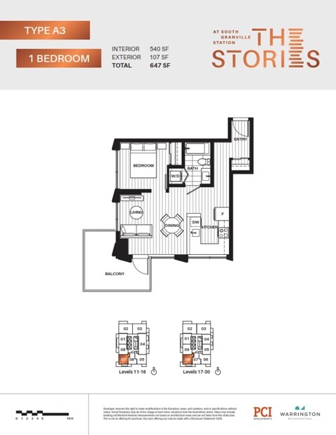 A floor plan for a Type A3 studio apartment with one bedroom and a total of 647 square feet.