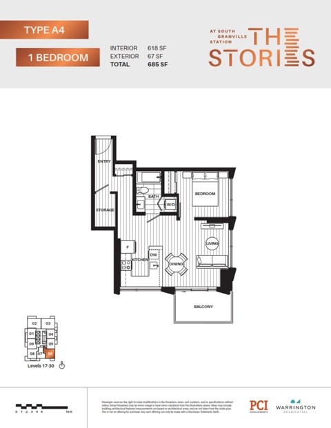 A floor plan for a Type A4 1 Bedroom apartment at South Station.