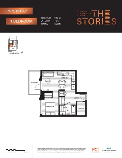 A floor plan for a Type PH-A7 at South Station shows a 1 bedroom apartment with 592 square feet.