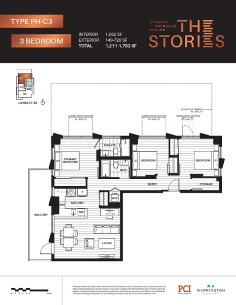A floor plan for a 3 bedroom apartment at South Station.