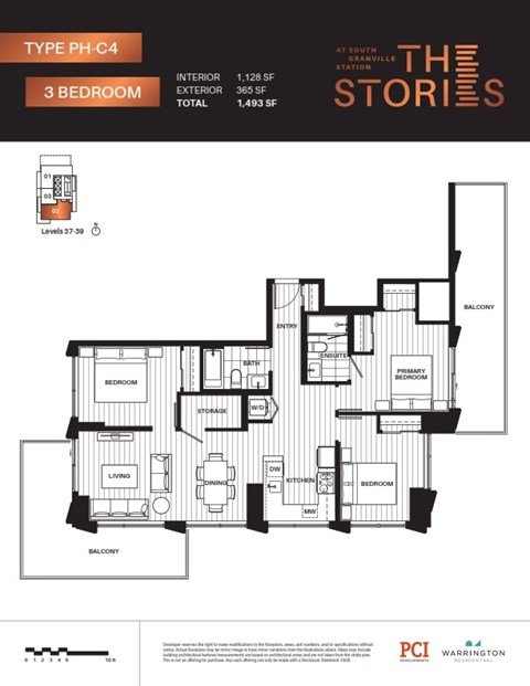 A black and white floor plan for a 3 bedroom apartment.