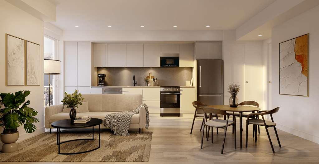 A modern living room with a black coffee table and a dining table with chairs.
