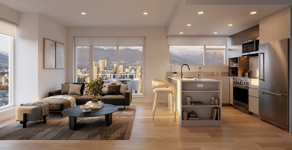 A modern kitchen and living room with a view of the city.