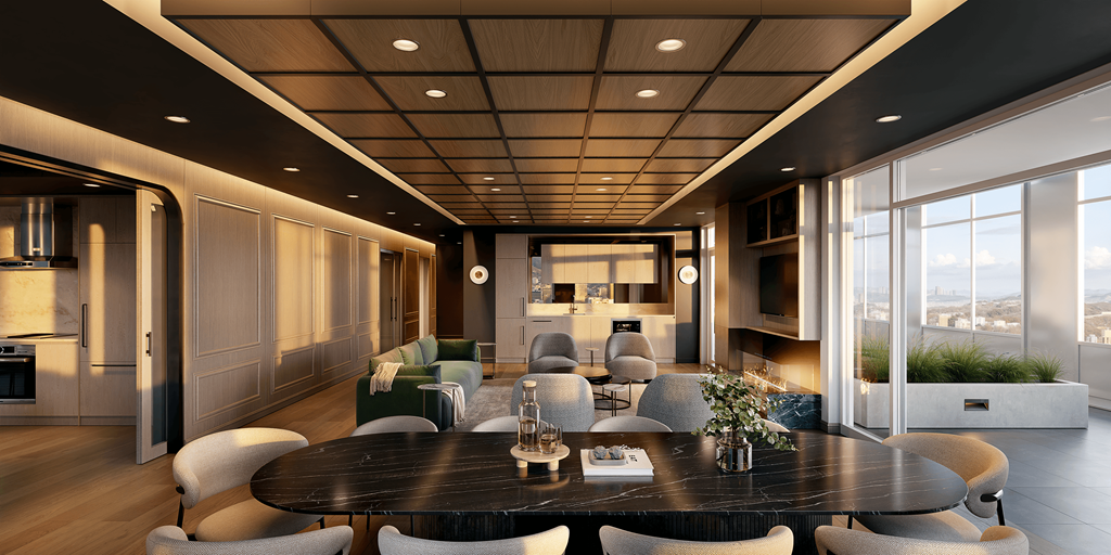 A modern dining room with a large table and chairs.