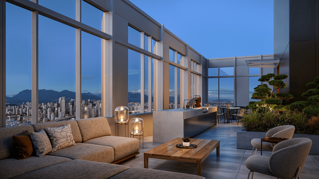 A modern living room with a view of the city at dusk.