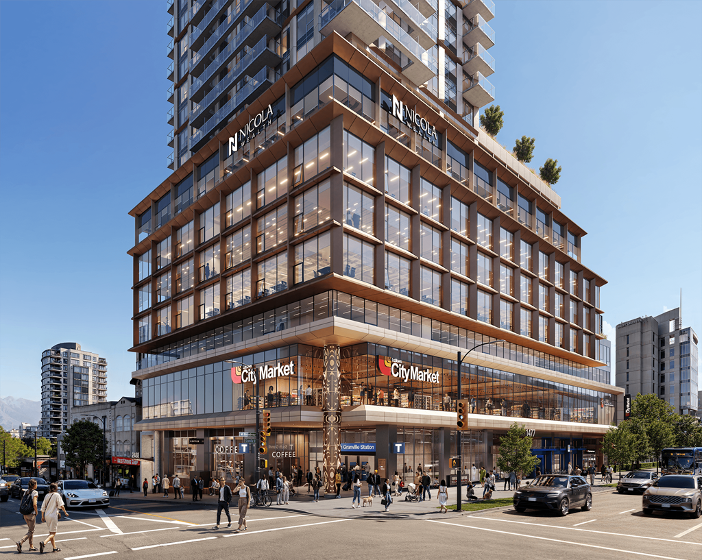 A modern building with a glass facade and the words "City Market" on the front.