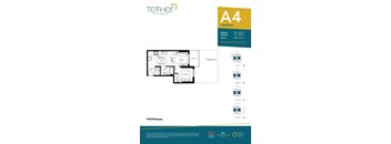 A page from a brochure showing a floor plan for a 1 bedroom apartment.