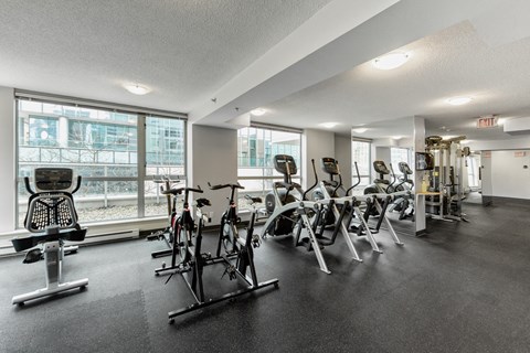 A gym with a row of exercise bikes and a weight rack.