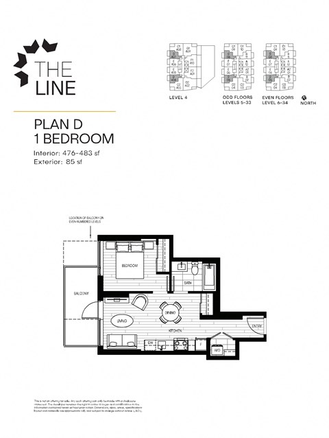 A floor plan for a one bedroom apartment is shown with a detailed diagram and measurements.