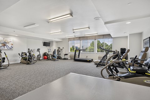 Fitness center with cardio equipment and windows at Lakeview Senior Living Apartments, Lakewood, Colorado