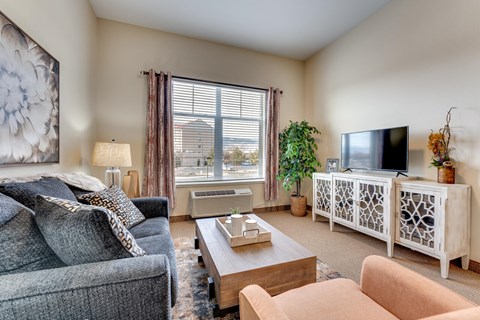 A living room with a grey couch, a wooden coffee table, and a flat screen TV.