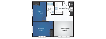 A floor plan of a small apartment with a den, bedroom, living/dining area, kitchen/entry, and two closets.