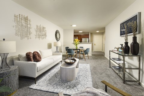 A living room with a white couch, a coffee table, and a grey rug.