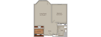A floor plan of a small apartment with a living room, bedroom, kitchen, bathroom, and entry.
