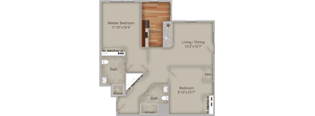 A floor plan of a house with a master bedroom, living/dining area, and two bathrooms.