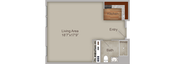 A floor plan of a living area with a kitchen, bathroom, and entry.