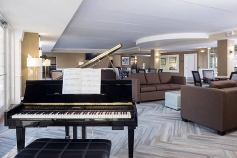 A grand piano is in the middle of a living room.