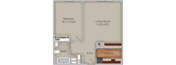 A floor plan of a small apartment with a bedroom, living room, kitchen, bathroom, and entry.