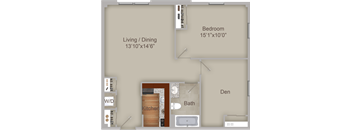 A floor plan of a small apartment with a living room, dining room, kitchen, bathroom, and bedroom.