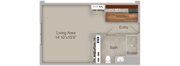 A floor plan of a living area with a kitchen, bathroom, and entry.