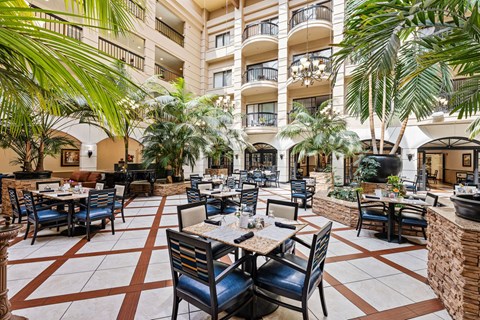 A patio with tables and chairs is surrounded by palm trees.