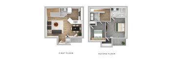A floor plan of a two-story apartment with labeled first and second floors.