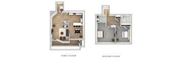 A floor plan of a two-story house with labeled first and second floors.