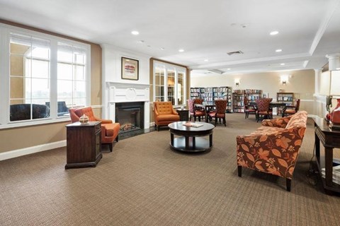 A living room with a fireplace and a bookshelf.
