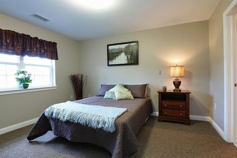Cozy bedroom with decorative throw pillows at Schuyler Commons Apartments, Utica, 13502