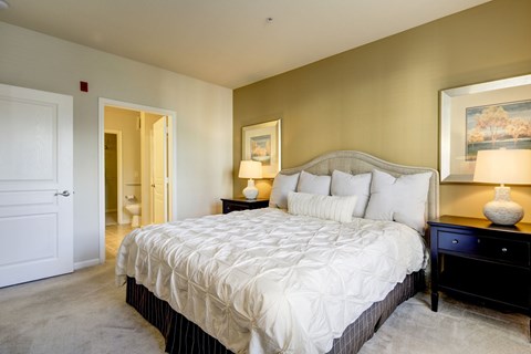 Master bedroom with upholstered headboard and ensuite bathroom at Regency Crest Apartments, Ellicott City, MD