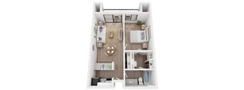 A top-down view of a small apartment with a kitchen, living room, and bedroom.