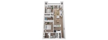 A top-down view of a small, neatly organized apartment with a kitchen, living room, and bathroom.