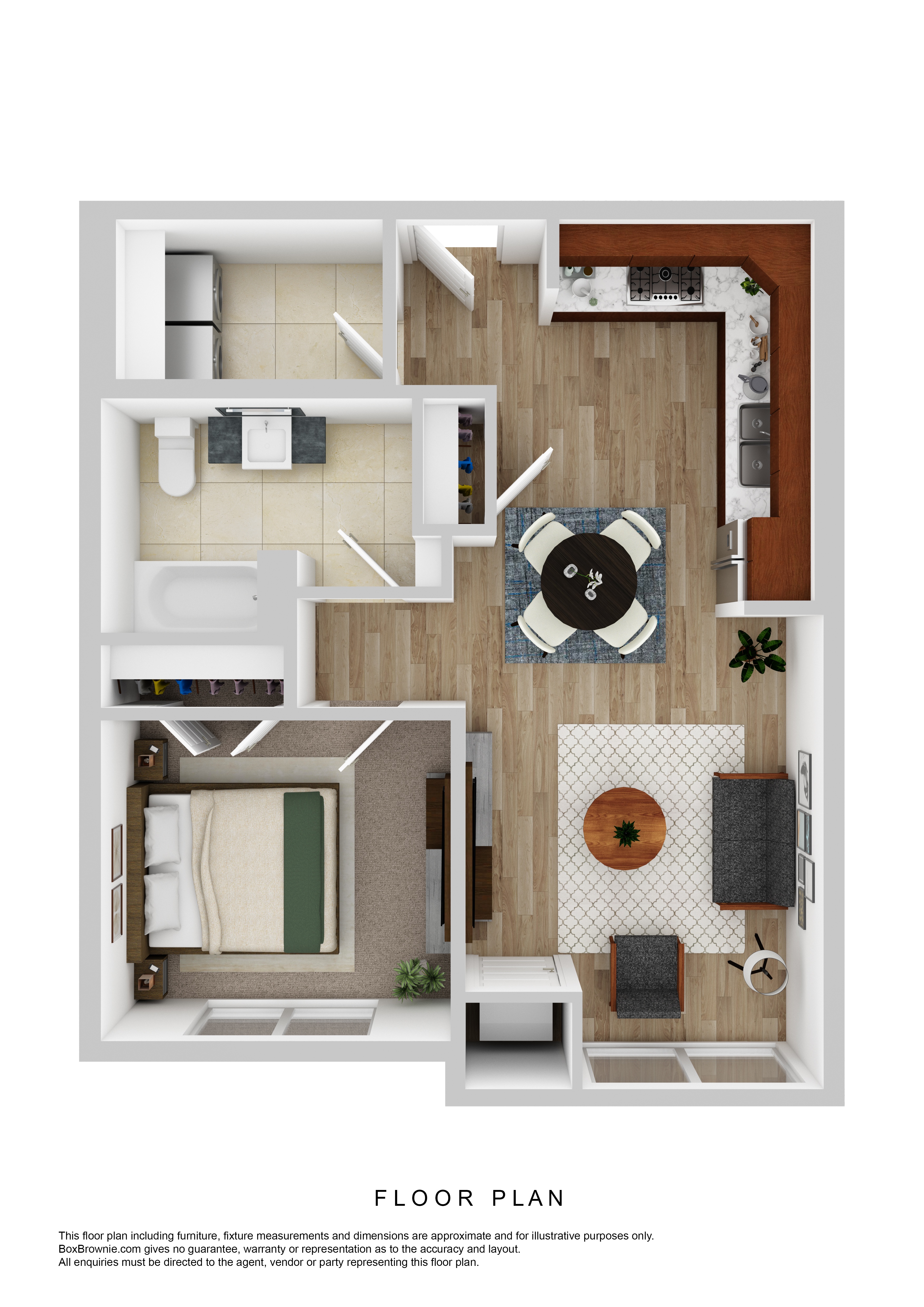 A floor plan of a small apartment with a kitchen, living room, and bathroom.