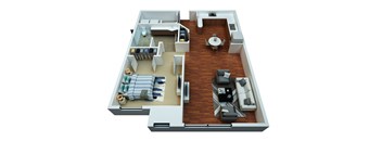 A 3D floor plan of a small apartment with a living room, kitchen, and bedrooms.